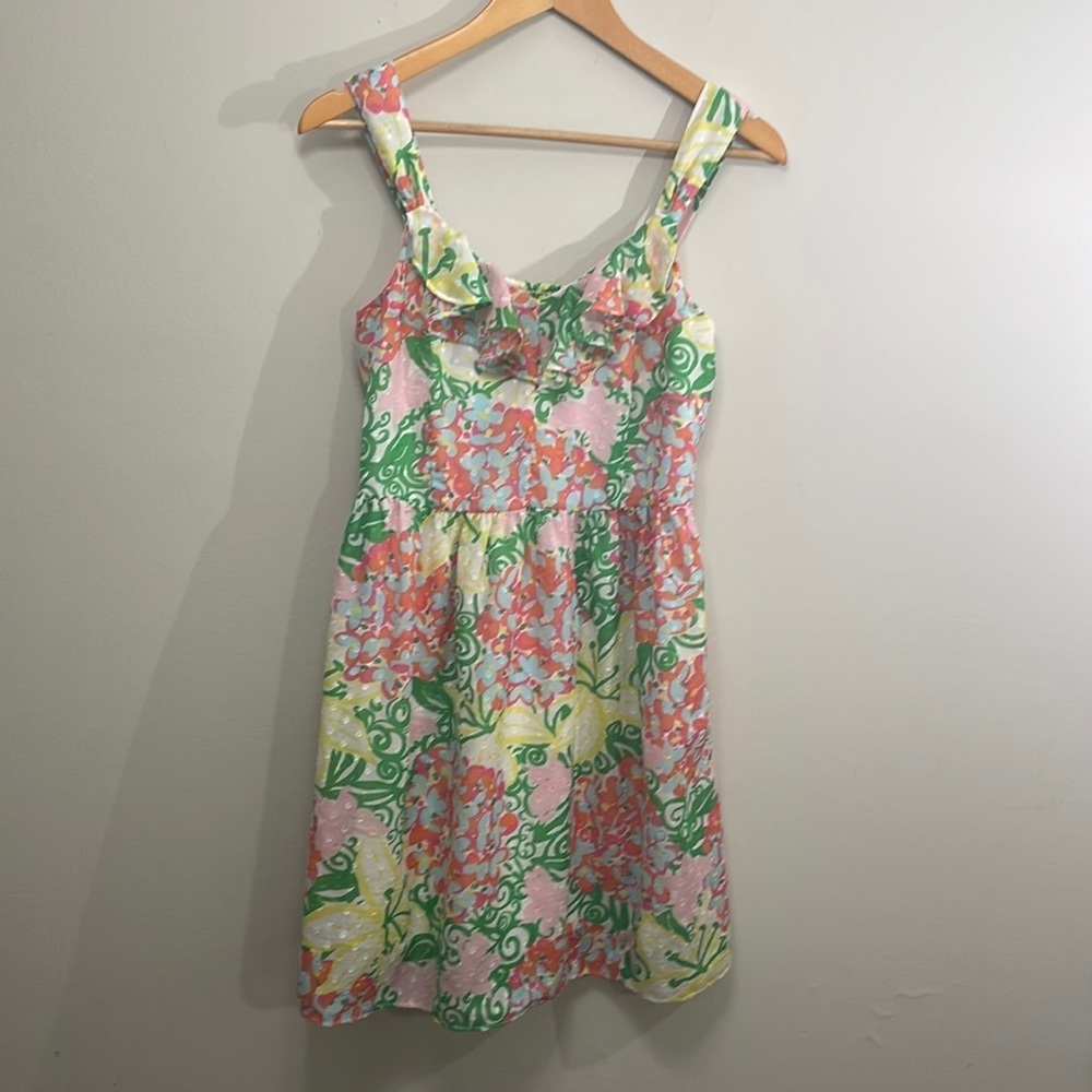 Lilly Pulitzer Pink Green Yellow Floral Ruffle Mini Dress